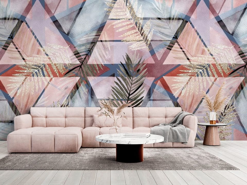 Fototapeta z geometrycznymi wzorami i pastelowymi liśćmi - salon w jasnych kolorach