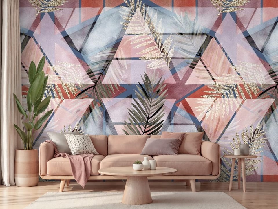 Fototapeta z geometrycznymi wzorami i pastelowymi liśćmi - piękna aranżacja w przytulnym salonie
