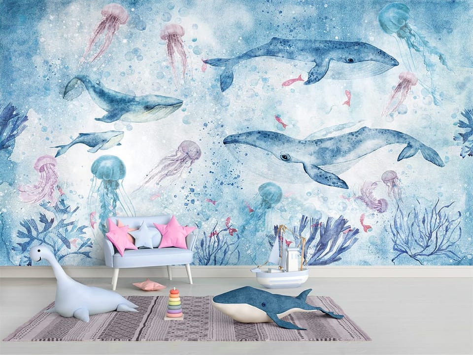 Fototapeta Wieloryby i meduzy w oceanie - aranżacja w pokoju dziecka