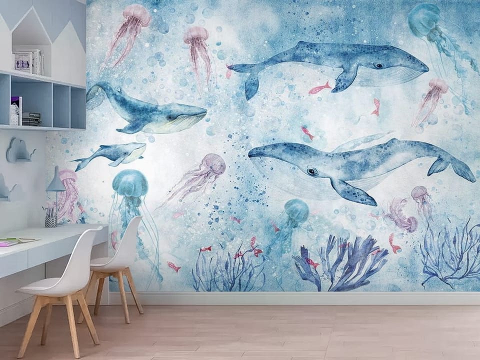 Fototapeta z wielorybami i meduzami w oceanie, bąbelki i rośliny morskie - nowoczesne wnętrze w pokoju dziecięcym