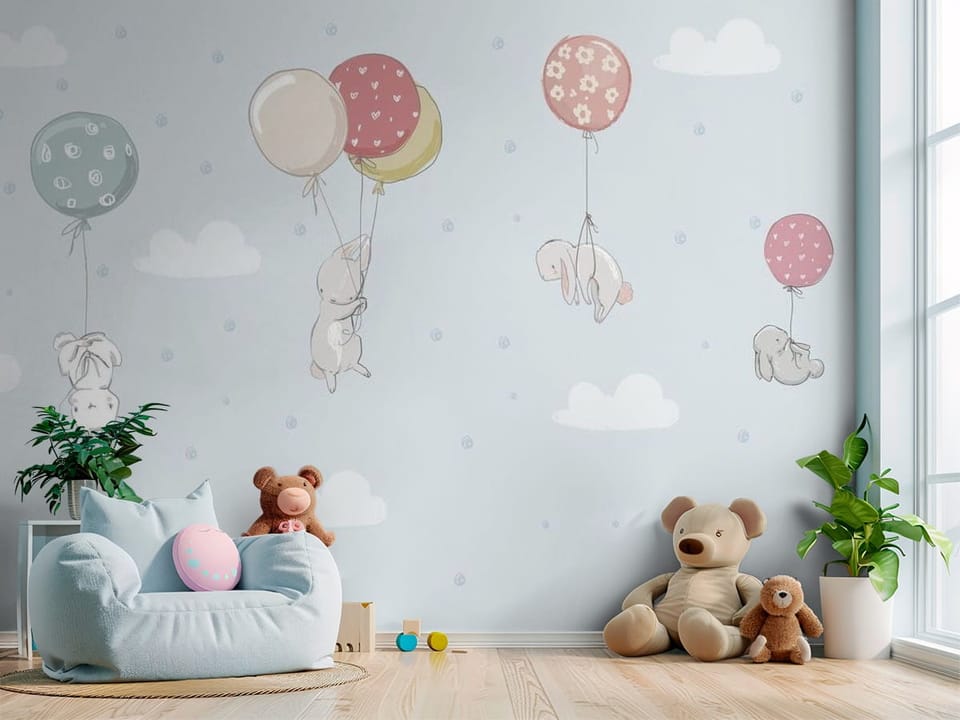 Fototapeta z królikami unoszącymi się z balonami na tle nieba - przytulny kącik do zabawy w pokoju dziecka