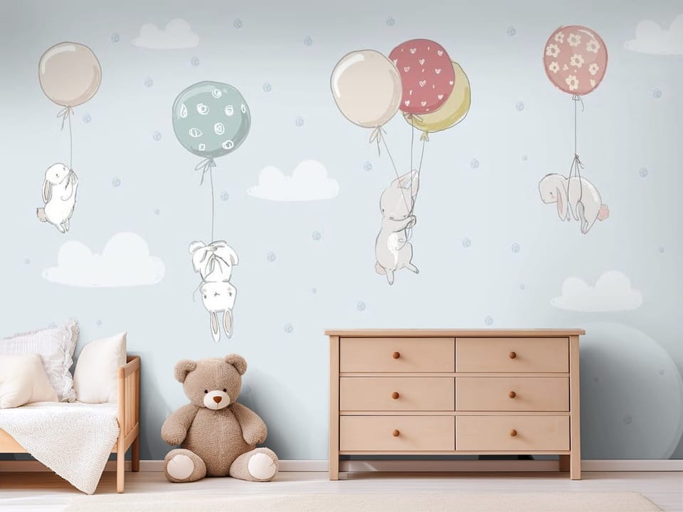 Fototapeta z królikami unoszącymi się z balonami na tle nieba - pokój dziecka w jasnych pastelowych barwach