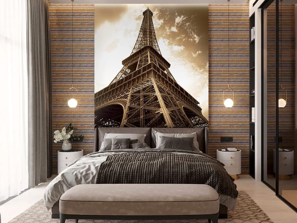 Fototapeta Perspektywa Wieży Eiffla we wnętrzu sypialni