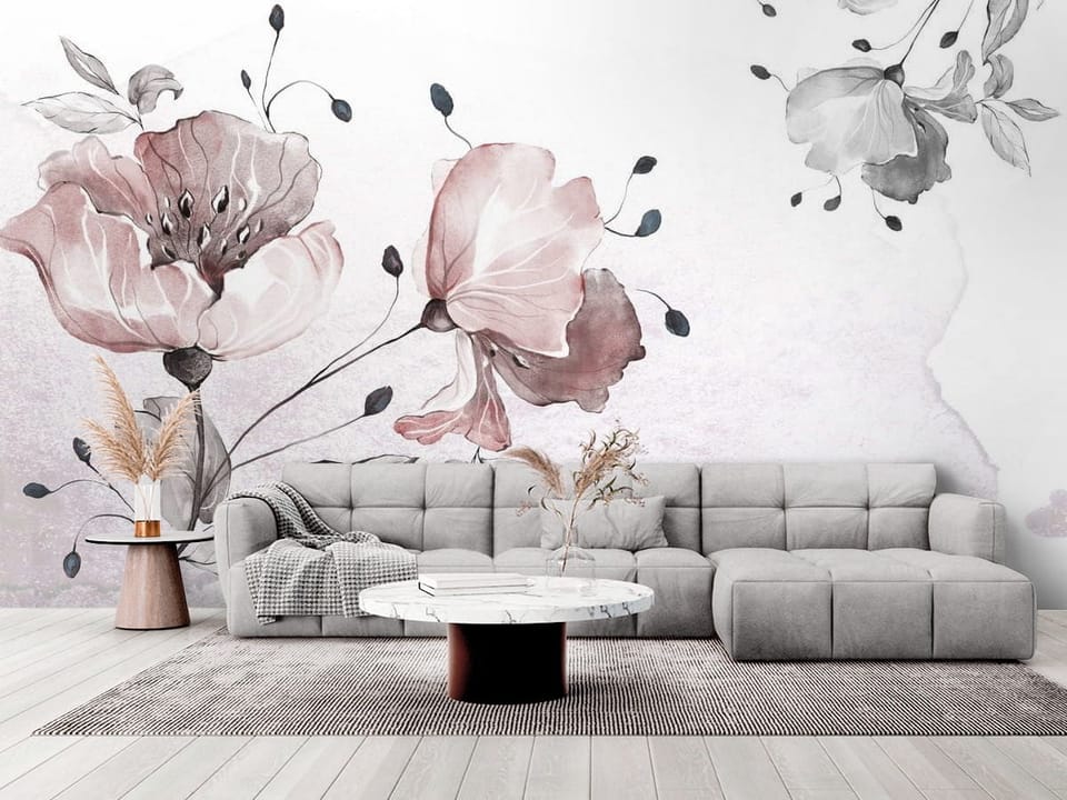 Fototapeta z delikatnymi tulipanami na cienkich gałązkach, jasne tło - elegancki salon w stylu minimalistycznym