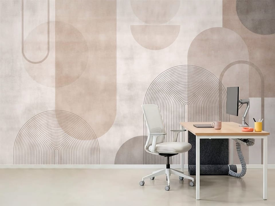 Fototapeta z geometrycznymi wzorami, półkolami i łukami w beżach i szarościach - dekoracja ściany w minimalistycznym biurze