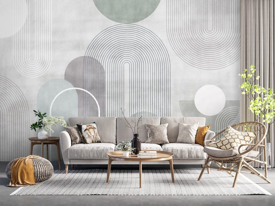 Fototapeta z geometrycznymi wzorami, łukami i zielonkawymi akcentami - salon z naturalnymi dodatkami