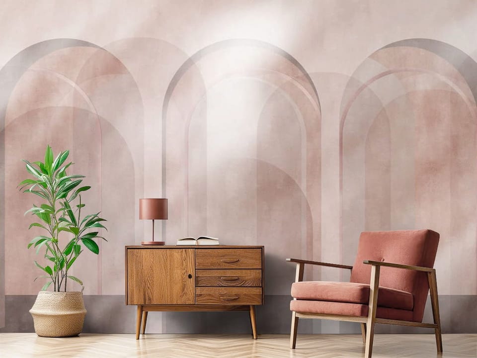 Fototapeta z trzema łukowymi przejściami w pastelowych kolorach - aranżacja przytulnego i jasnego przedpokoju