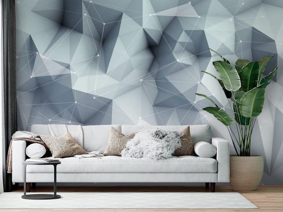 Fototapeta z geometrycznymi kształtami i liniami w szarych odcieniach - aranżacja ściany w salonie