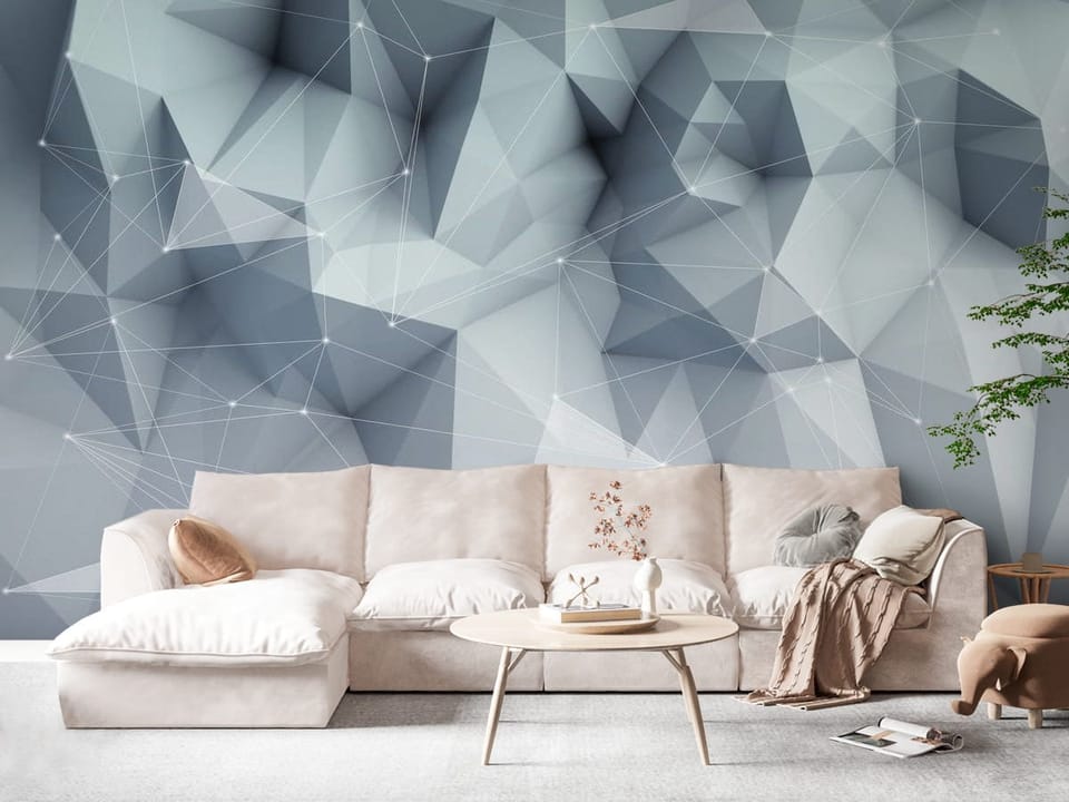 Fototapeta z geometrycznymi kształtami i liniami w szarych odcieniach - widok na ścianę w eleganckim salonie