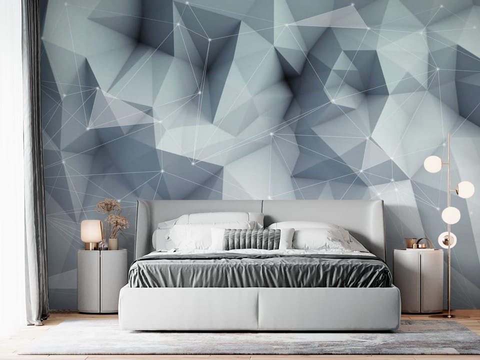 Fototapeta z geometrycznymi kształtami i liniami w szarych odcieniach - aranżacja sypialni w szarych kolorach