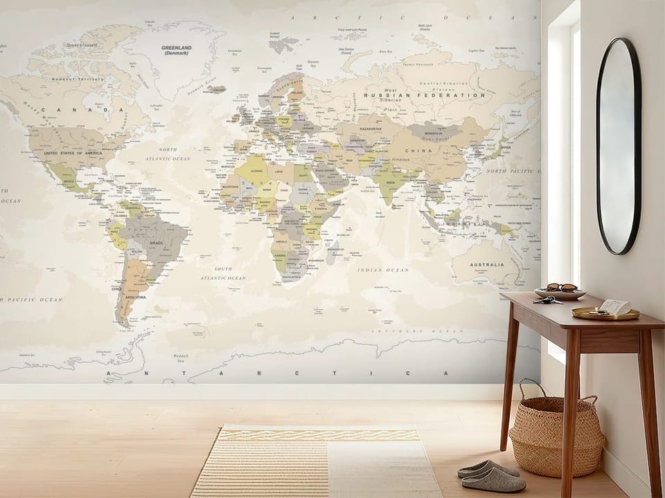Fototapeta przedstawiająca mapę świata z nazwami krajów i oceanów - inspiracji do minimalistycznego przedpokoju