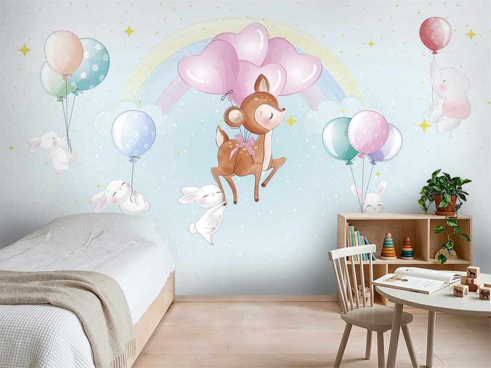 Fototapeta z jeleniem unoszącym się na balonach sercach, tęczą i królikami - inspiracja do pokoju dziecka