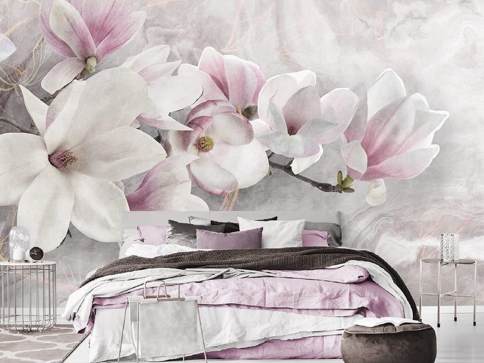 Fototapeta Magnolie w Delikatnych Różach - aranżacja w sypialni