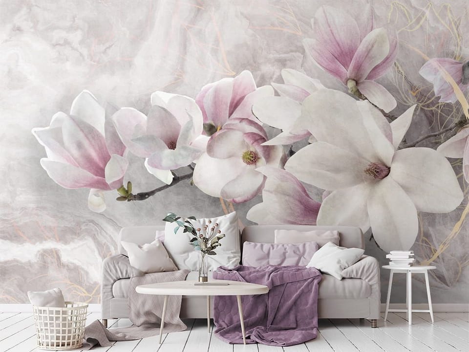 Fototapeta Magnolie w Delikatnych Różach - aranżacja w salonie