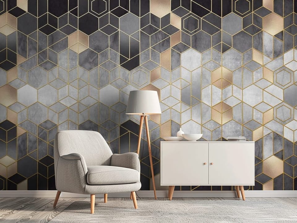 Fototapeta z geometrycznym wzorem heksagonów i złotymi liniami - elegancki przedpokój z efektowną dekoracją ścienną