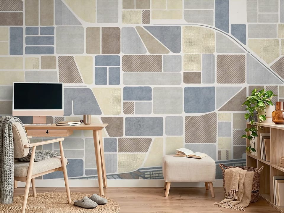 Fototapeta z geometrycznymi polami i krzyżującymi się drogami - ściana w minimalistycznym pokoju nastolatka
