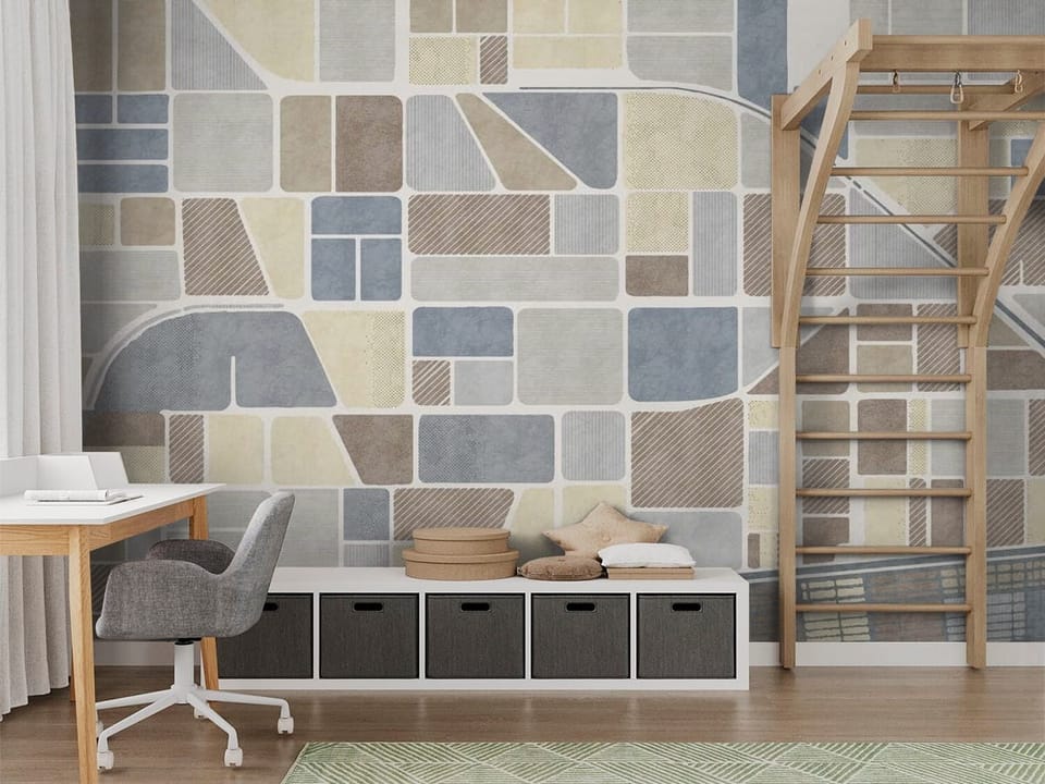 Fototapeta z geometrycznymi polami i krzyżującymi się drogami - nowoczesny pokój nastolatka z modnym akcentem