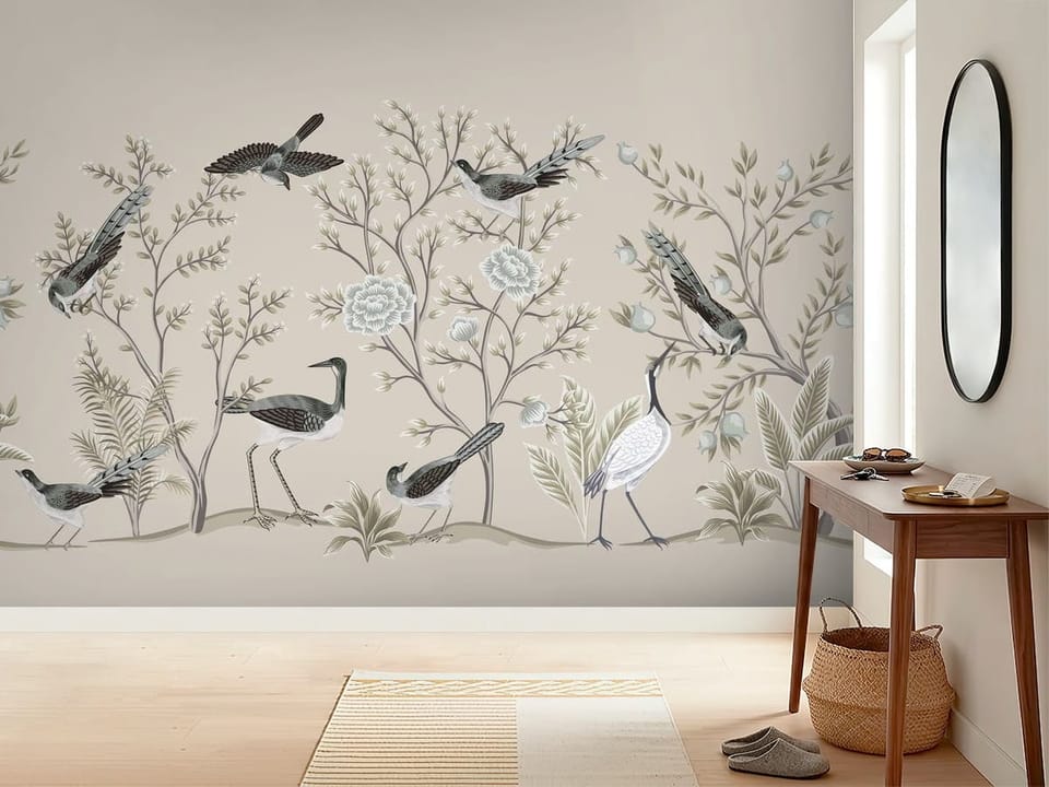 Fototapeta z ptakami na tle roślinności, gałęzie z liśćmi i kwiaty - inspiracji do minimalistycznego przedpokoju