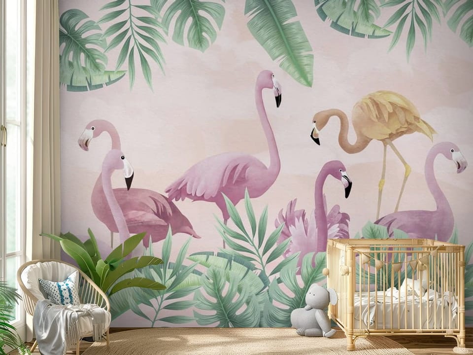 Fototapeta z flamingami wśród tropikalnych liści na pastelowym tle - przytulny pokój dziecięcy