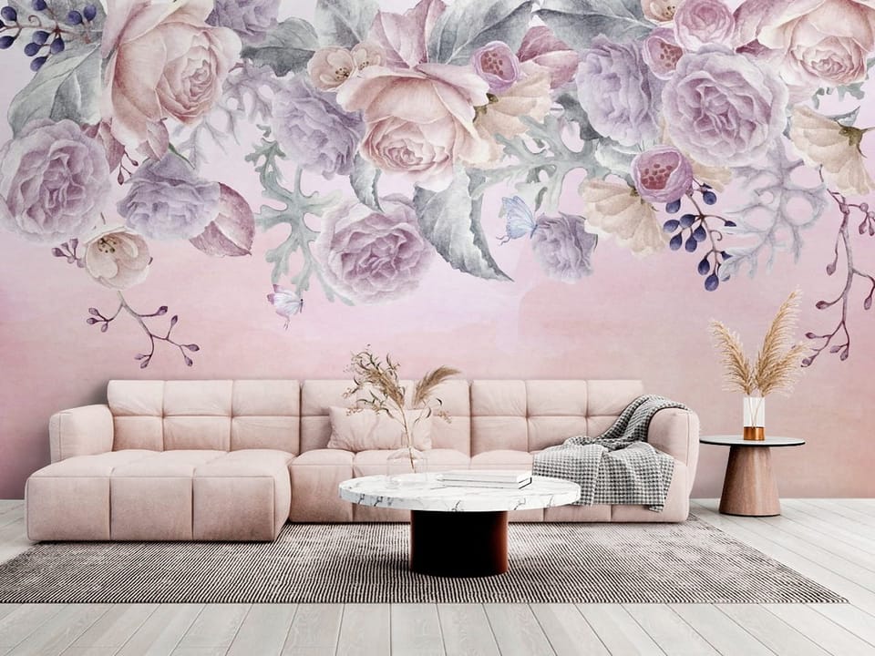 Fototapeta z pastelowymi różami i liśćmi na różowym tle - salon w jasnych kolorach