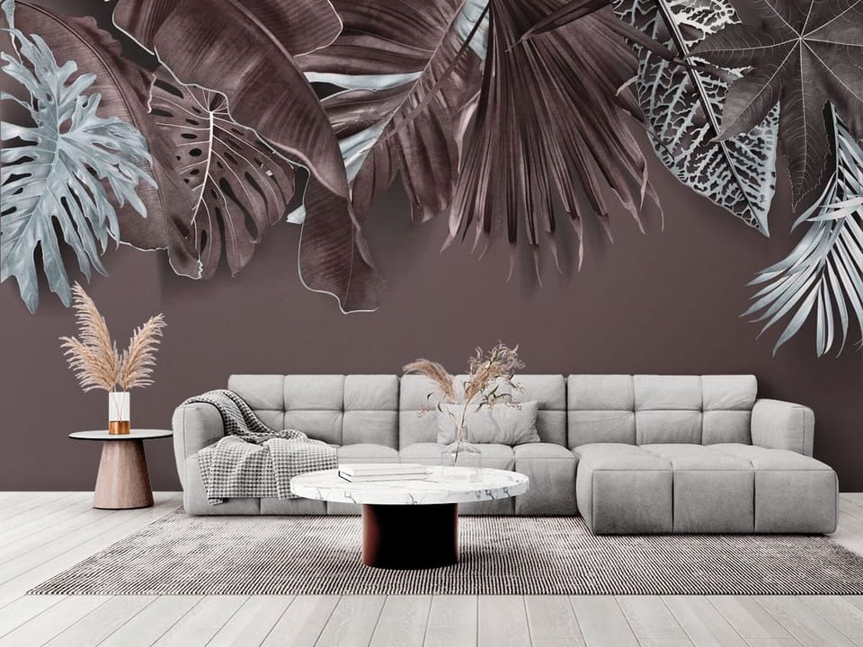Fototapeta z dużymi liśćmi bananowca i monstery na ciemnym tle - elegancki salon w stylu minimalistycznym