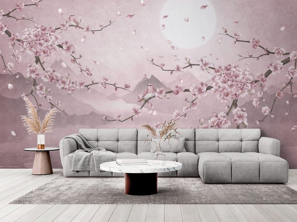 Fototapeta z gałęziami kwitnącej wiśni, księżycem, górami i jeziorem - elegancki salon w stylu minimalistycznym