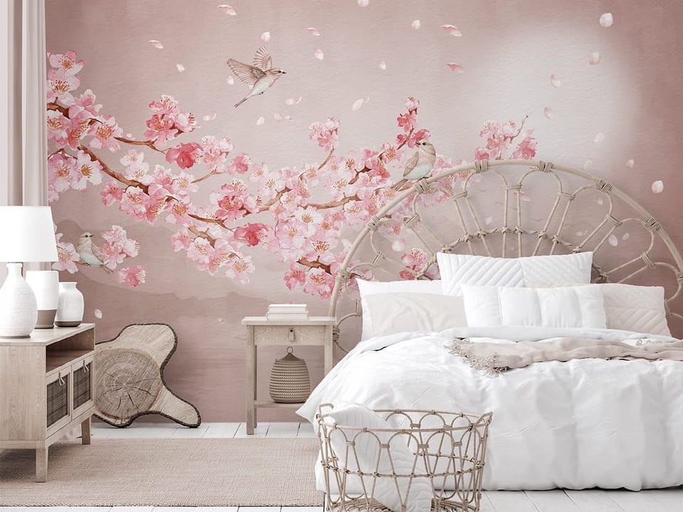 Fototapeta Sakura i Góry nad Wodą - aranżacja w sypialni