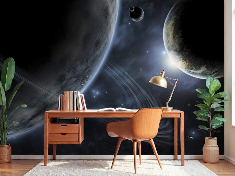 Fototapeta z dużą planetą z pierścieniami i mniejszą planetą w tle - przytulne biurko w pokoju nastolatka