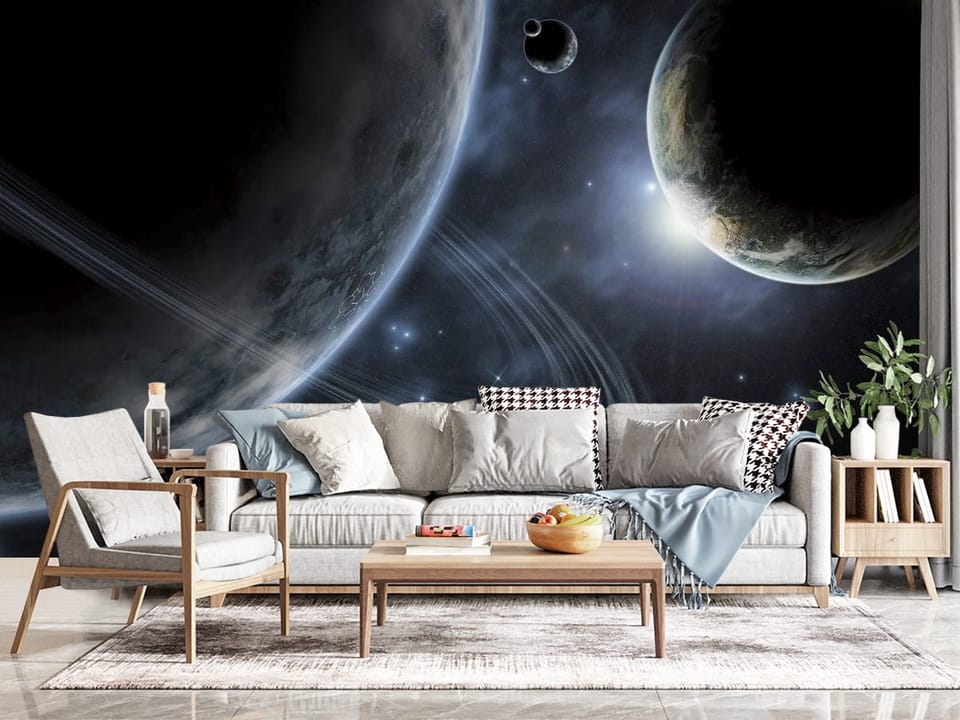 Fototapeta z dużą planetą z pierścieniami i mniejszą planetą w tle - kompozycja ściany w przytulnym salonie