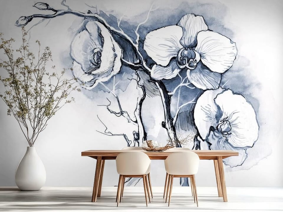 Fototapeta z gałązką orchidei na niebieskim tle, delikatne linie - aranżacja strefy jadalnianej w kuchni