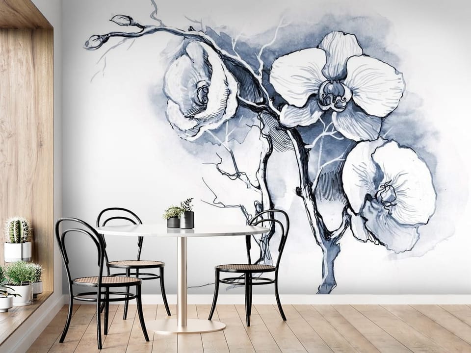 Fototapeta z gałązką orchidei na niebieskim tle, delikatne linie - aranżacja ściany przy stole w kuchni