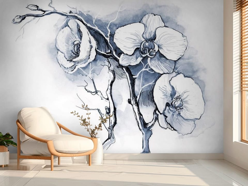 Fototapeta z gałązką orchidei na niebieskim tle, delikatne linie - aranżacja przytulnego przedpokoju