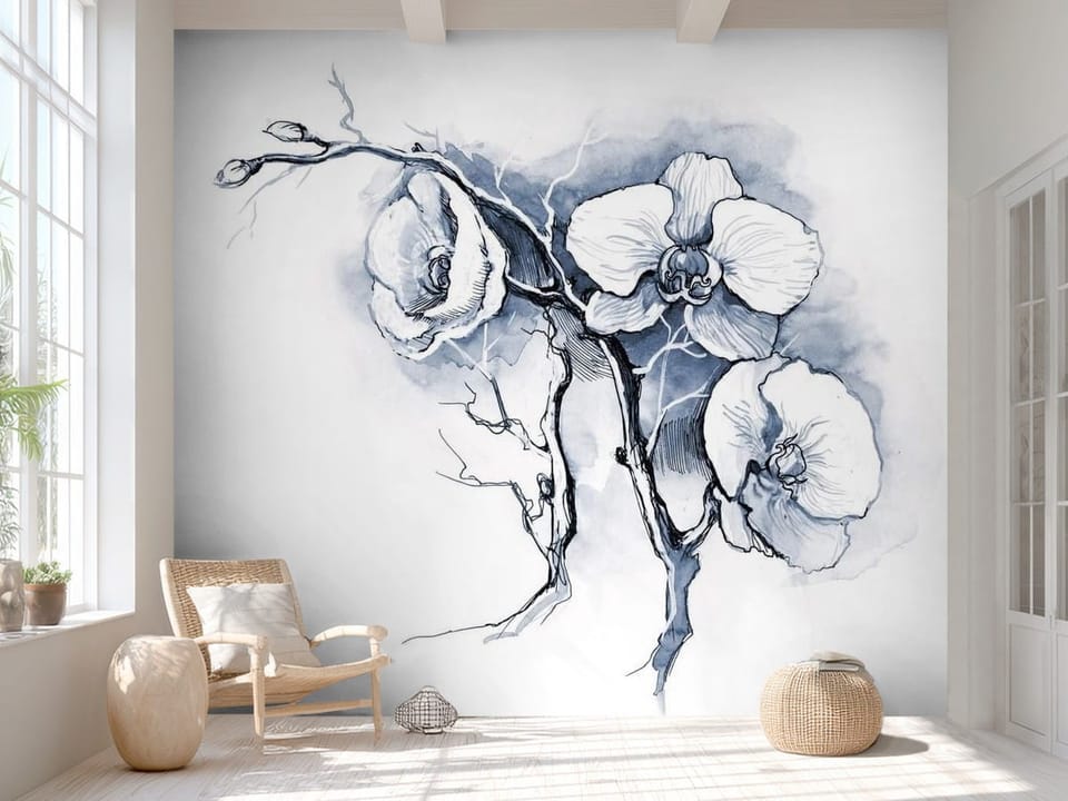 Fototapeta z gałązką orchidei na niebieskim tle, delikatne linie - aranżacja minimalistycznego przedpokoju