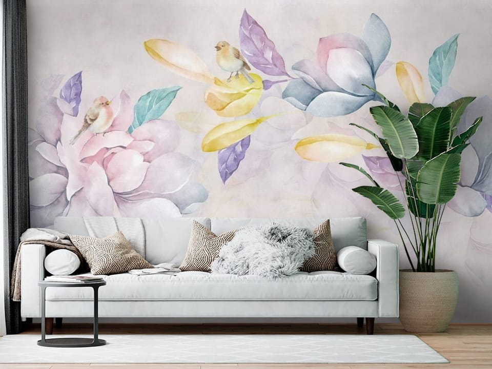 Fototapeta z dużymi pastelowymi magnoliami na jasnym tle - aranżacja ściany w salonie