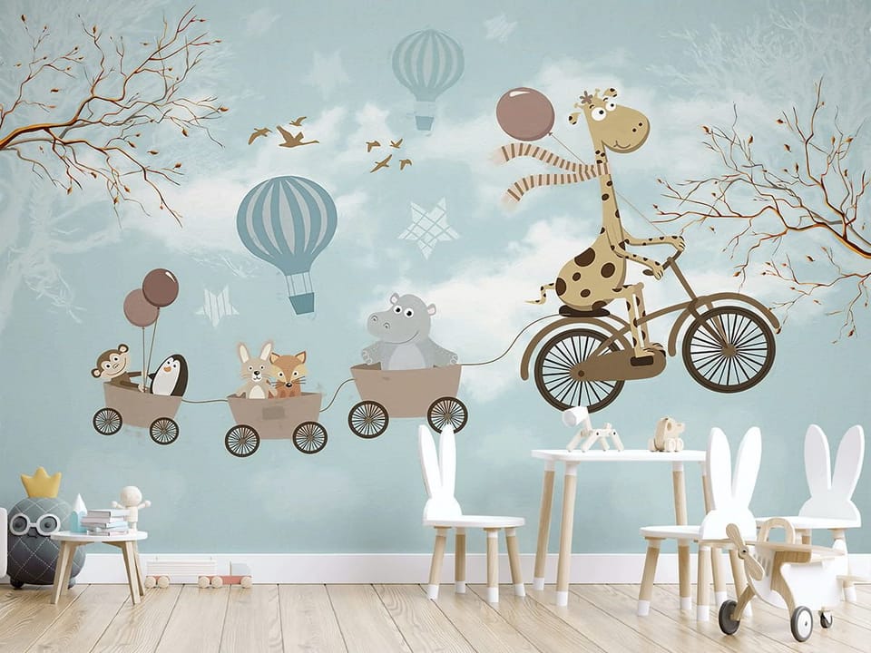 Fototapeta Zwierzęta na rowerach w powietrzu - aranżacja w pokoju dziecka