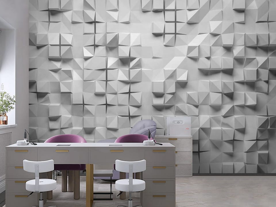 Fototapeta z trójwymiarowymi formami geometrycznymi w odcieniach szarości - aranżacja ściany w biurze
