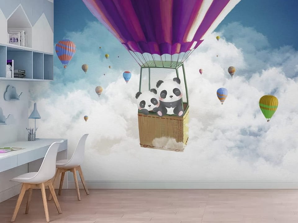 Fototapeta z dwoma pandami w balonie na ogrzane powietrze i kolorowymi balonami - nowoczesne wnętrze w pokoju dziecięcym