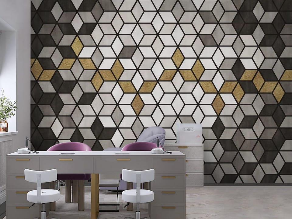 Fototapeta z geometrycznym wzorem czarno-białych sześcianów z żółtymi akcentami - aranżacja ściany w biurze