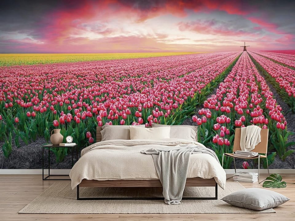 Fototapeta z polem czerwonych tulipanów i zachodzącym słońcem - piękna ściana w nowoczesnej sypialni