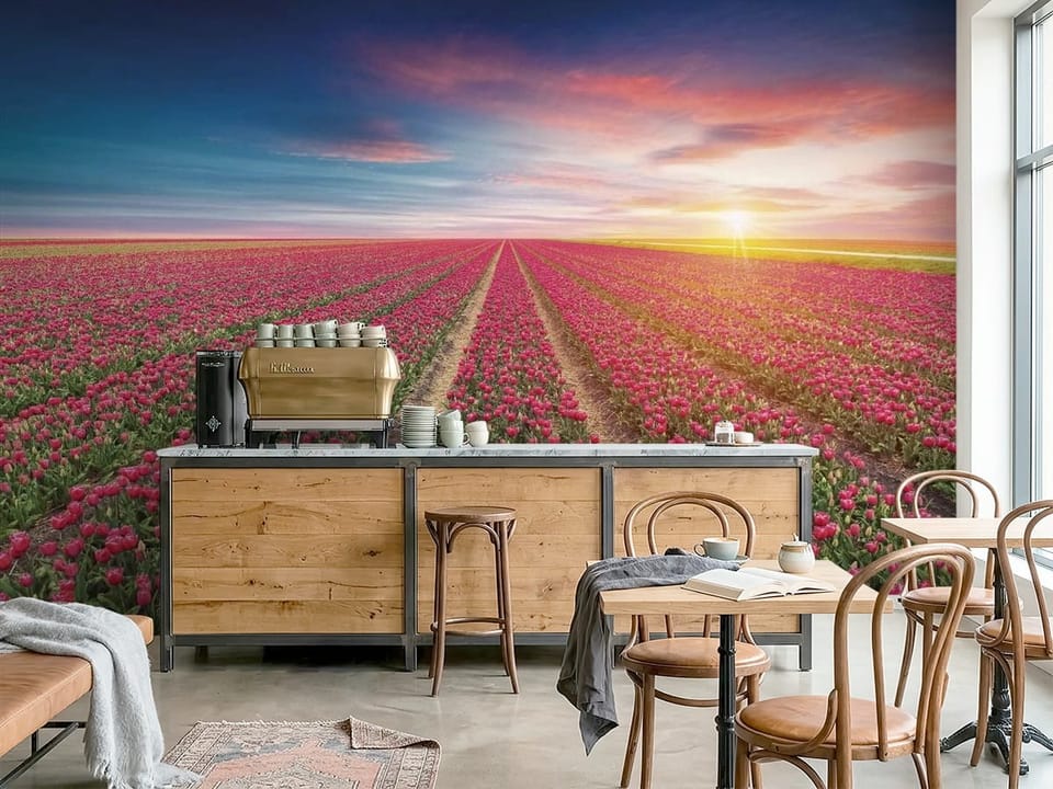 Fototapeta z polem czerwonych tulipanów i wschodzącym słońcem - nowoczesna inspiracja do kawiarni