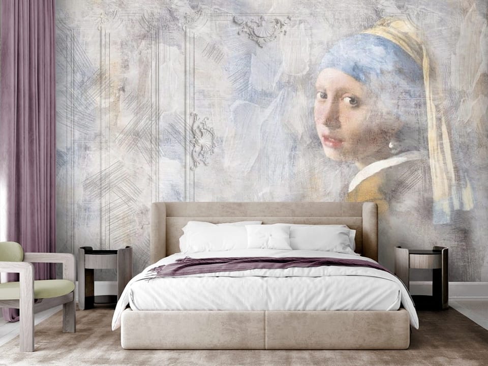 Fototapeta z portretem kobiety w turbanie i perłą w uchu - nowoczesna sypialnia w stylu glamour