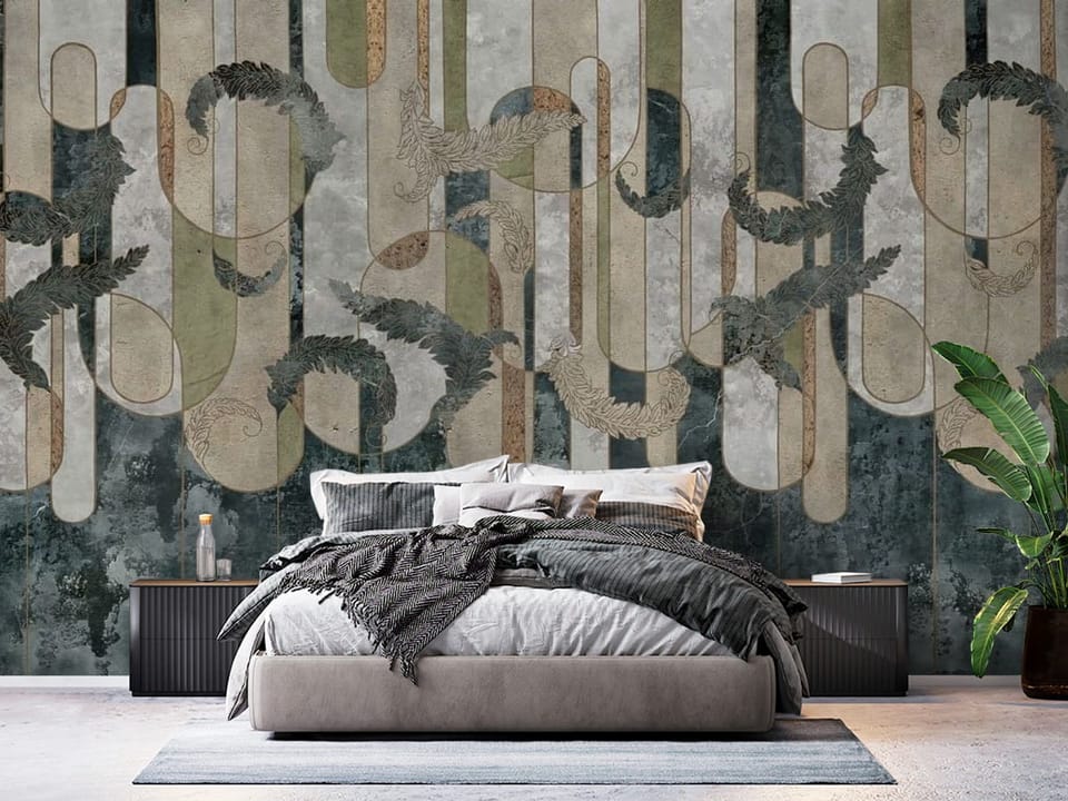 Fototapeta z abstrakcyjnymi wzorami liści i geometrycznymi kształtami - ściana w eleganskiej sypialni
