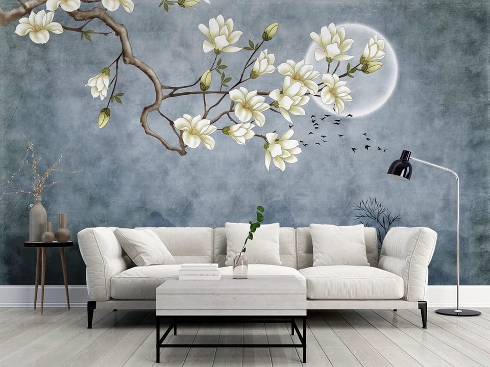 Fototapeta z gałęzią magnolii na tle księżyca i drzew - klasyczny salon w szarych kolorach