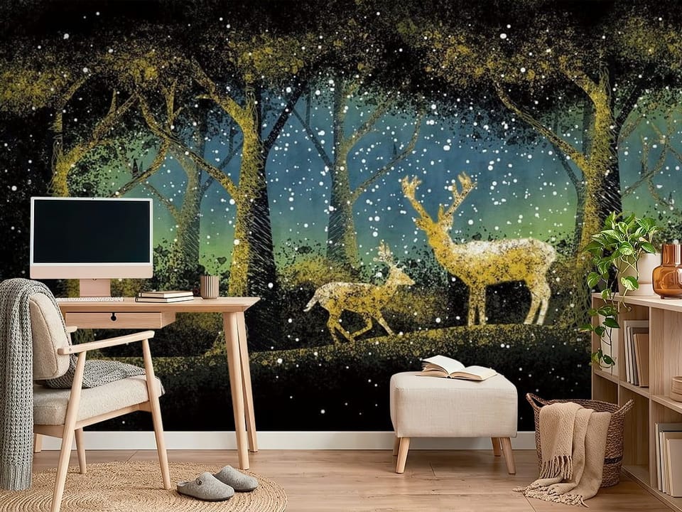 Fototapeta z dwoma jeleniami w zimowym lesie, nocne niebo - ściana w minimalistycznym pokoju nastolatka