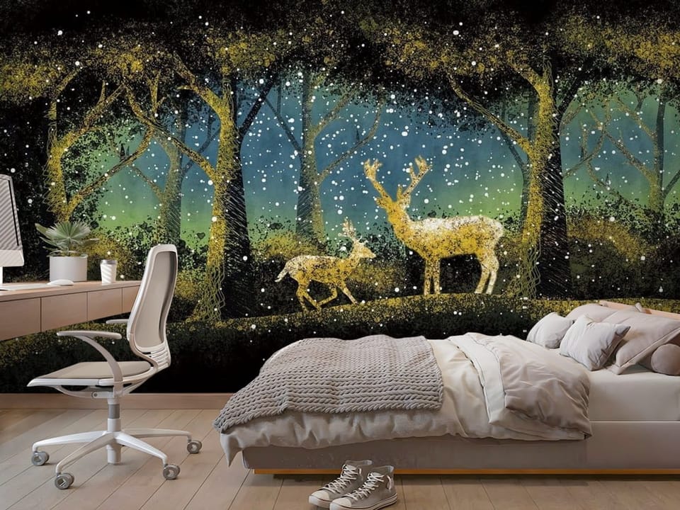 Fototapeta z dwoma jeleniami w zimowym lesie, nocne niebo - aranżacja dużego pokoju nastolatka