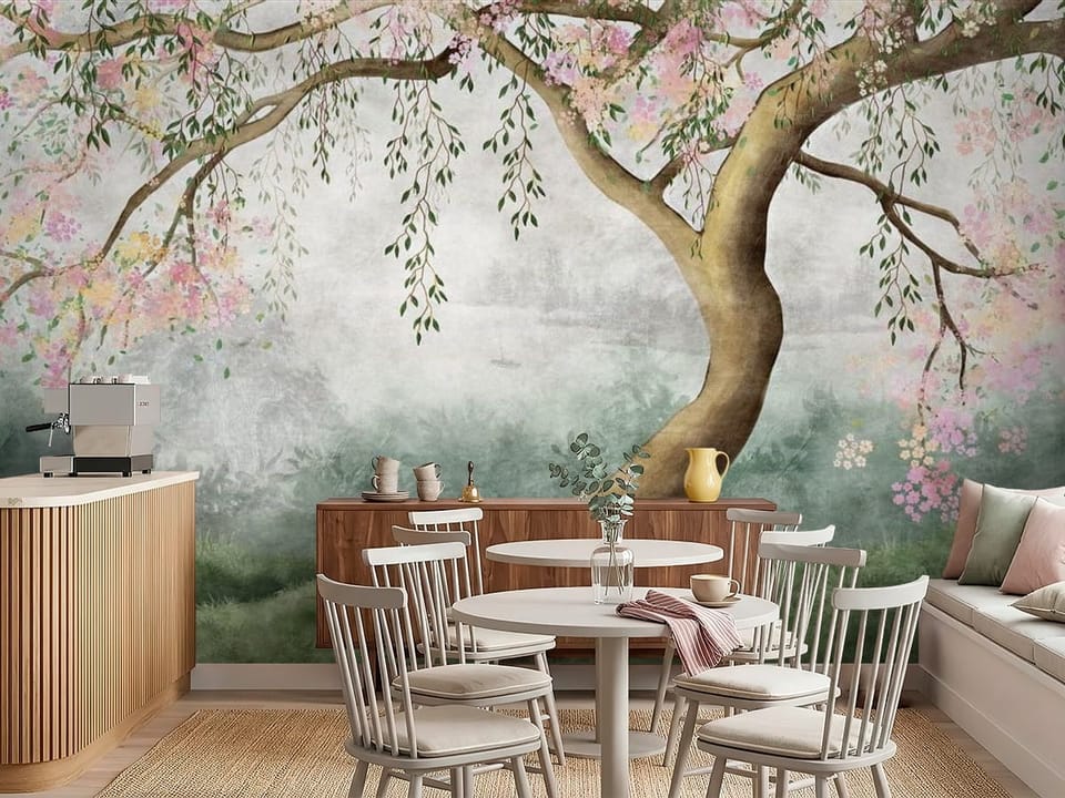 Fototapeta z drzewem sakura, kwitnące gałęzie i mglista sceneria - dekoracja ściany w kawiarni