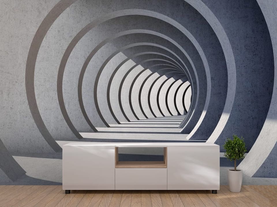 Fototapeta z betonowym tunelem i powtarzającymi się łukami w perspektywie 3D - pomysłowe wykończenie ściany w korytarzu