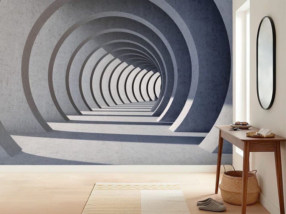 Fototapeta z betonowym tunelem i powtarzającymi się łukami w perspektywie 3D - inspiracji do minimalistycznego przedpokoju
