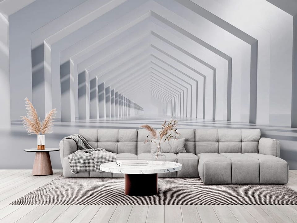 Fototapeta z geometrycznym tunelem i powtarzającymi się białymi łukami - elegancki salon w stylu minimalistycznym