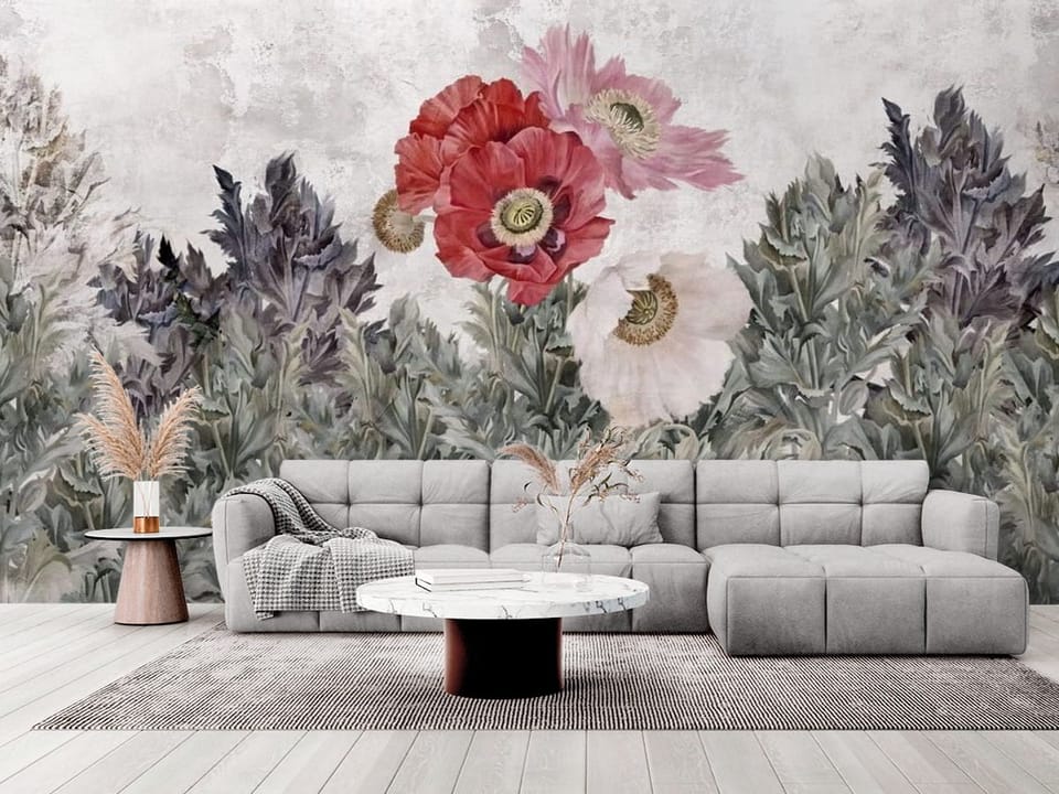 Fototapeta z kolorowymi kwiatami maku na tle zielonych liści - elegancki salon w stylu minimalistycznym